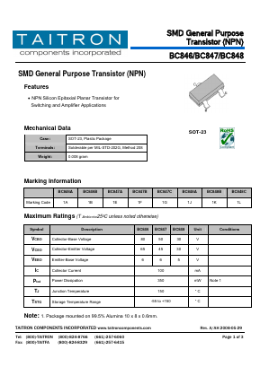 BC846 Datasheet PDF TAITRON Components Incorporated