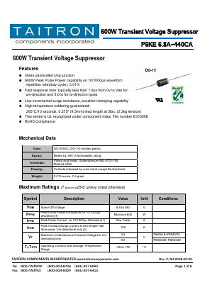P6KE33CA Datasheet PDF TAITRON Components Incorporated