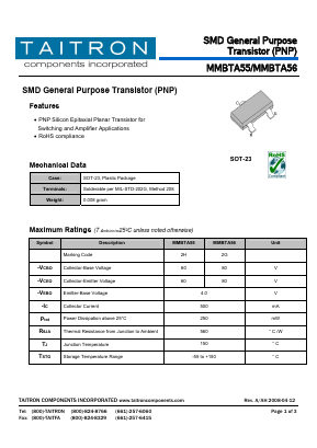 MMBTA55 Datasheet PDF TAITRON Components Incorporated