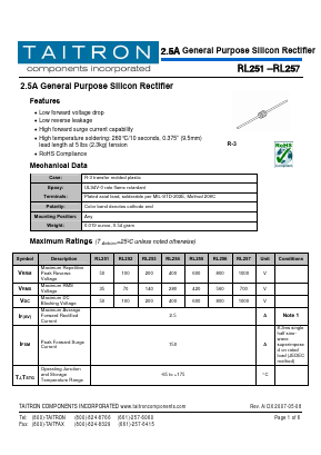 RL253 Datasheet PDF TAITRON Components Incorporated