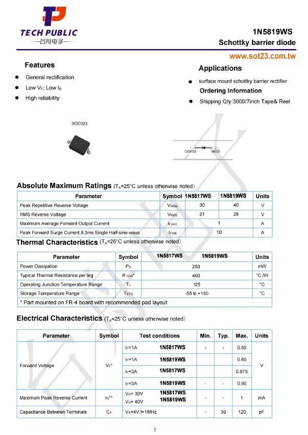 1N5817WS Datasheet PDF TECH PUBLIC Electronics co LTD