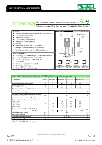 MBRF20100CTR Datasheet PDF Thinki Semiconductor Co., Ltd.