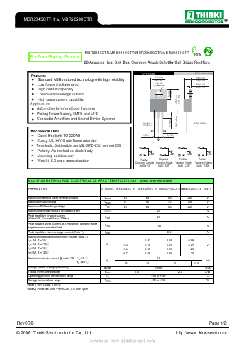 MBR2045CTR Datasheet PDF Thinki Semiconductor Co., Ltd.