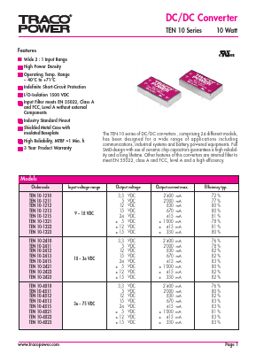 TEN10-1221 Datasheet PDF TRACO Electronic AG