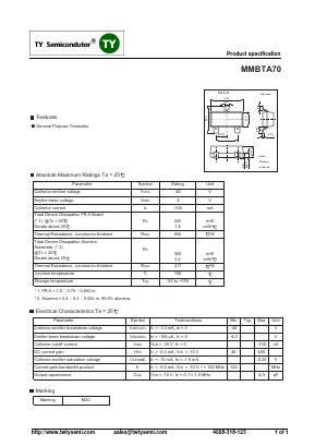 MMBTA70 Datasheet PDF TY Semiconductor