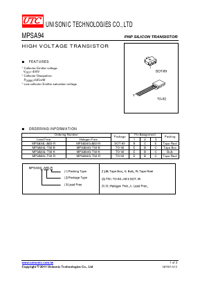 MPSA94G-T92-B Datasheet PDF Unisonic Technologies