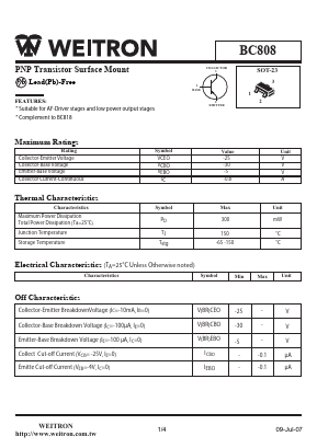 BC808 Datasheet PDF Weitron Technology