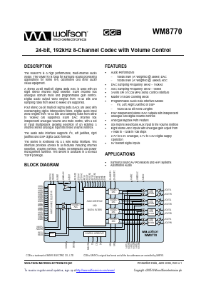 WM8770SIFT/V Datasheet PDF Wolfson Microelectronics plc
