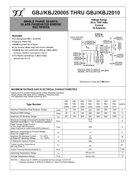 GBJ-KBJ2006 Datasheet PDF Yangzhou yangjie electronic co., Ltd