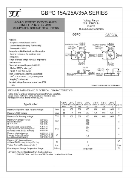 GBPC15 Datasheet PDF Yangzhou yangjie electronic co., Ltd