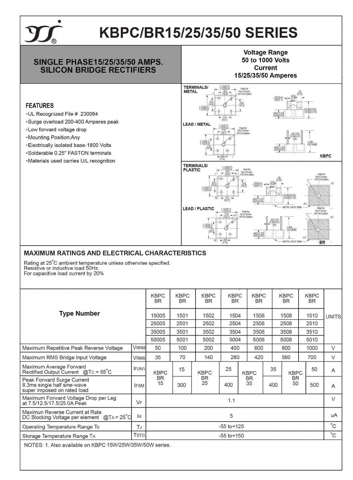 KBPC15005 Datasheet PDF Yangzhou yangjie electronic co., Ltd