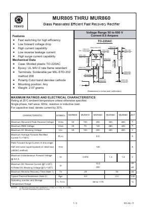 MUR805 Datasheet PDF YENYO TECHNOLOGY Co., Ltd