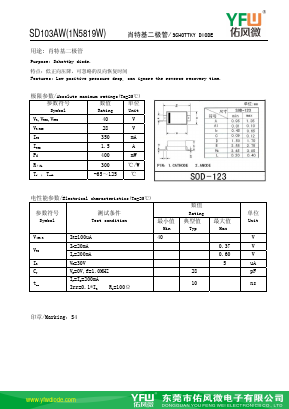 SD103AW-SOD123 Datasheet PDF DONGGUAN YOU FENG WEI ELECTRONICS CO., LTD