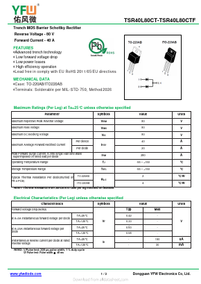 TSR40L80CTF Datasheet PDF DONGGUAN YOU FENG WEI ELECTRONICS CO., LTD