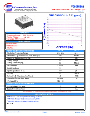 V580ME02 Datasheet PDF Z-Communications, Inc